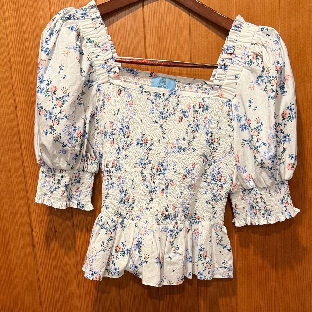 CeCe Floral Ruffle Smocked Blouse